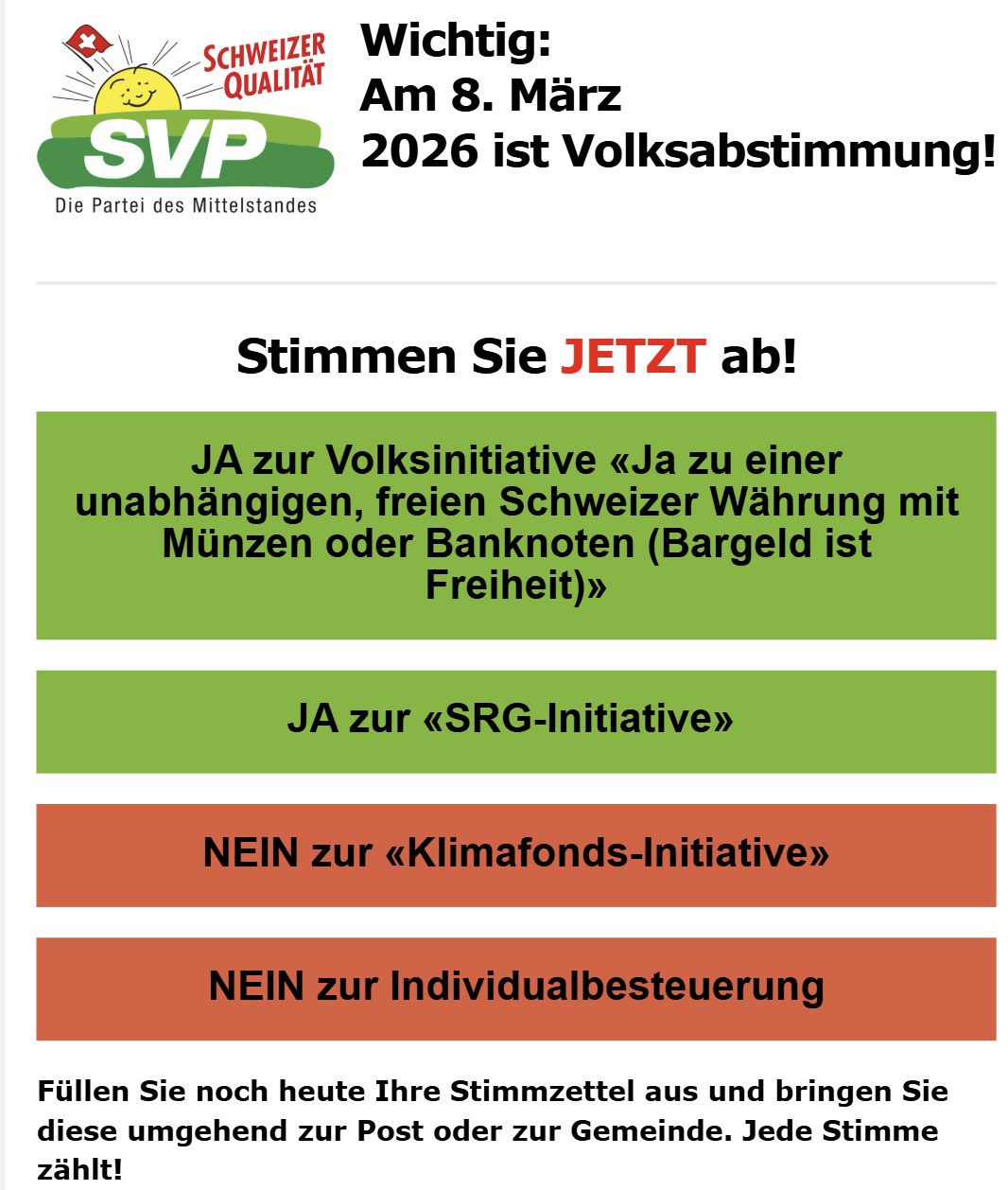 Volksabstimmung 8 März 2026 – Parolen